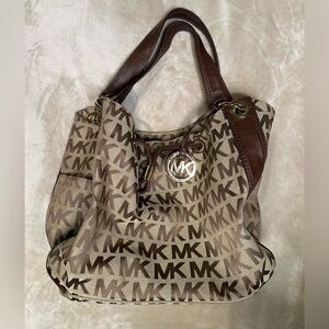 Michael Kors Tan and Brown Ludlow Monogram Logo Shoulder Bag